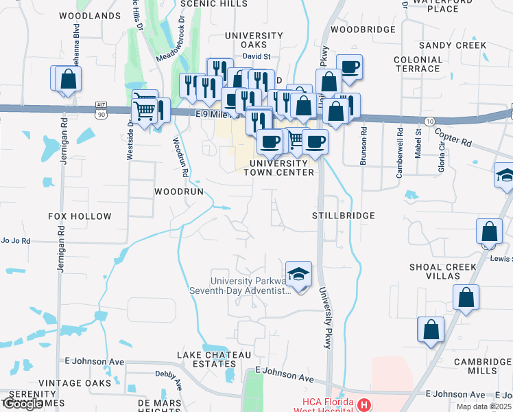 map of restaurants, bars, coffee shops, grocery stores, and more near 9111 Baldridge Road in Pensacola
