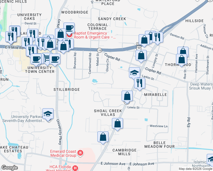 map of restaurants, bars, coffee shops, grocery stores, and more near 2220 Gloria Circle in Pensacola