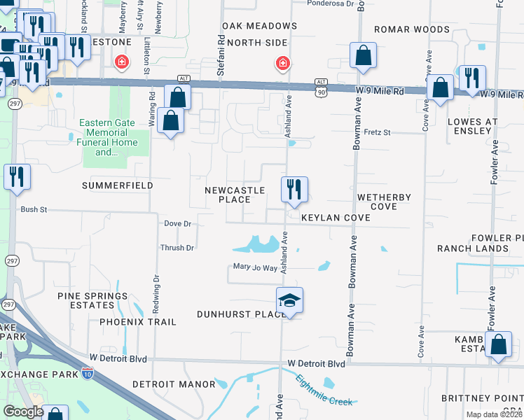 map of restaurants, bars, coffee shops, grocery stores, and more near 8831 Ridgebrook Court in Pensacola