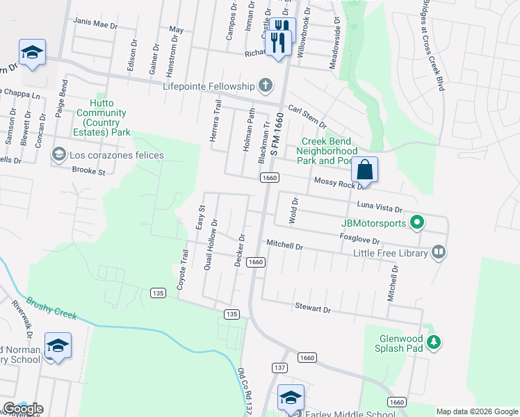 map of restaurants, bars, coffee shops, grocery stores, and more near 101 Paddington Way in Hutto