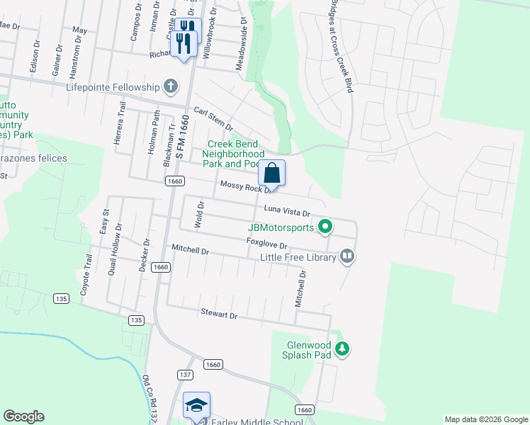 map of restaurants, bars, coffee shops, grocery stores, and more near 407 Luna Vista Drive in Hutto