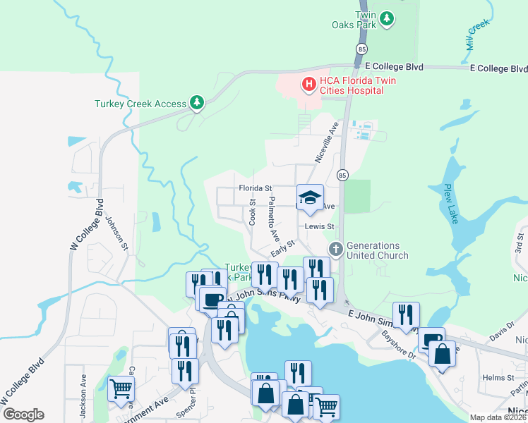 map of restaurants, bars, coffee shops, grocery stores, and more near 312 Cook Street in Niceville