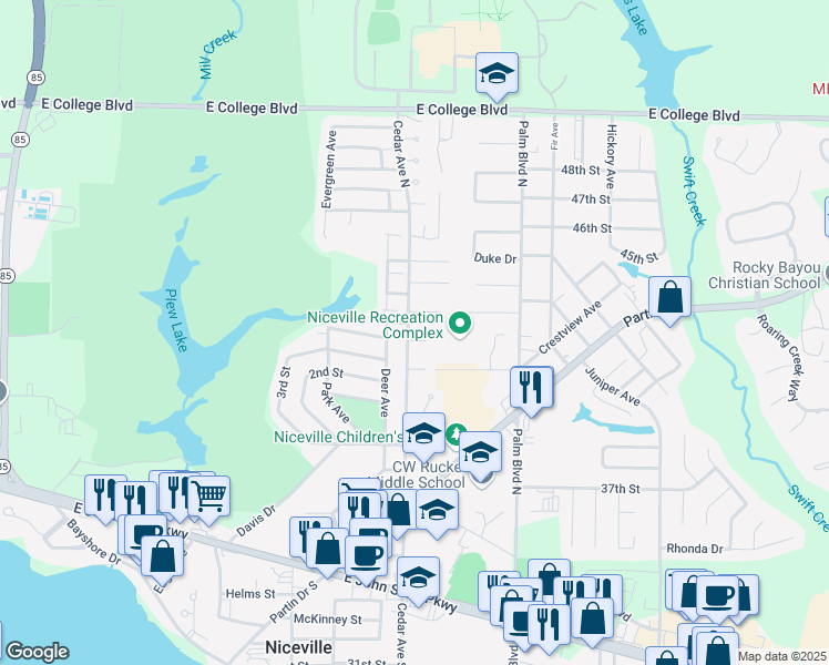 map of restaurants, bars, coffee shops, grocery stores, and more near 200 Alonzo Court in Niceville