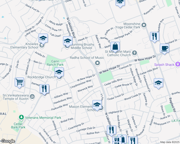 map of restaurants, bars, coffee shops, grocery stores, and more near 1623 West New Hope Drive in Cedar Park