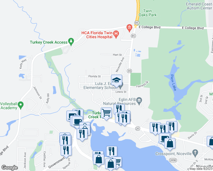 map of restaurants, bars, coffee shops, grocery stores, and more near 208 Nathey Avenue in Niceville