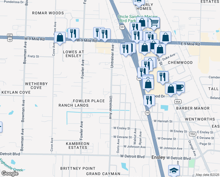 map of restaurants, bars, coffee shops, grocery stores, and more near 8965 Untreiner Avenue in Pensacola