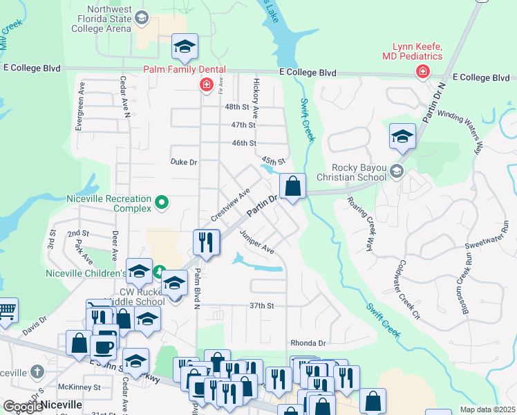 map of restaurants, bars, coffee shops, grocery stores, and more near 208 Jefferson Street in Niceville