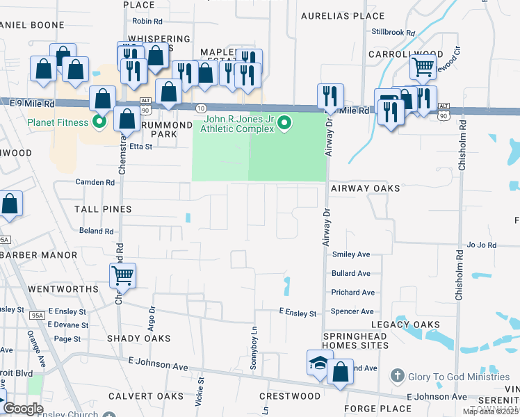 map of restaurants, bars, coffee shops, grocery stores, and more near 555 East 9 Mile Road in Pensacola