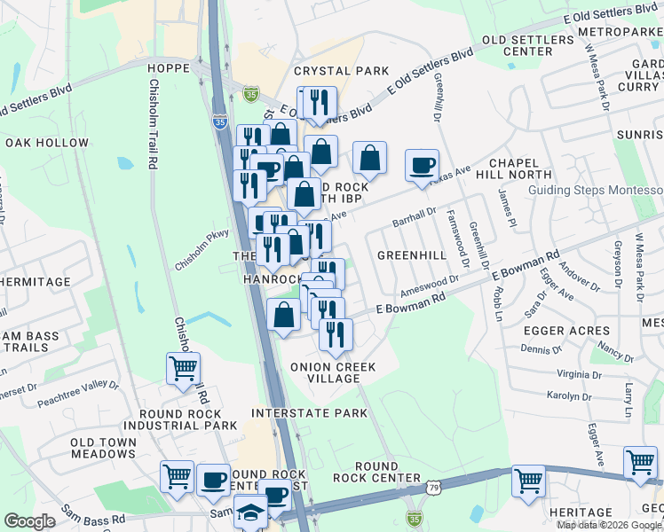 map of restaurants, bars, coffee shops, grocery stores, and more near in Round Rock