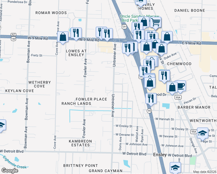 map of restaurants, bars, coffee shops, grocery stores, and more near 8927 Untreiner Avenue in Pensacola