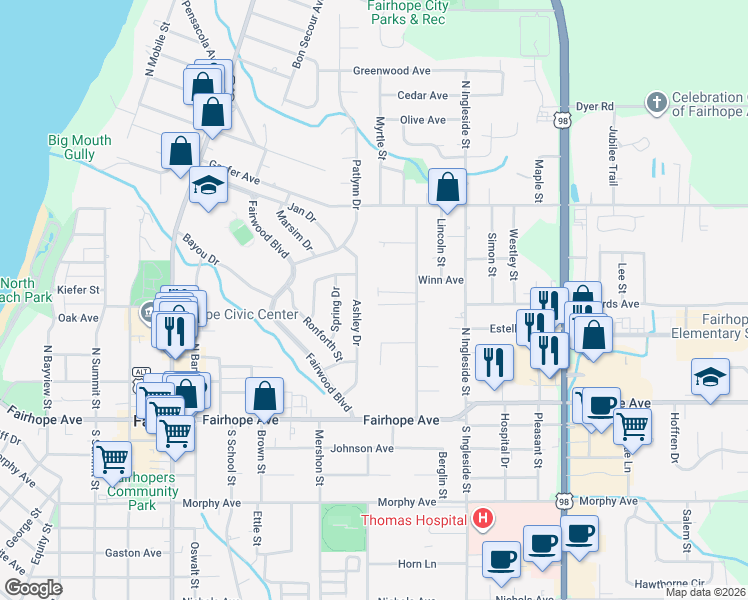 map of restaurants, bars, coffee shops, grocery stores, and more near 249 Blue Island Street in Fairhope