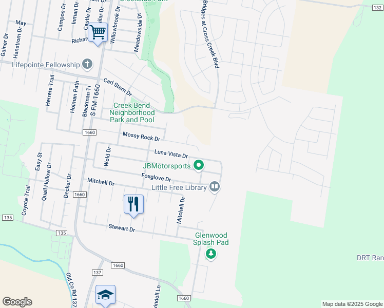 map of restaurants, bars, coffee shops, grocery stores, and more near 515 Mossy Rock Drive in Hutto