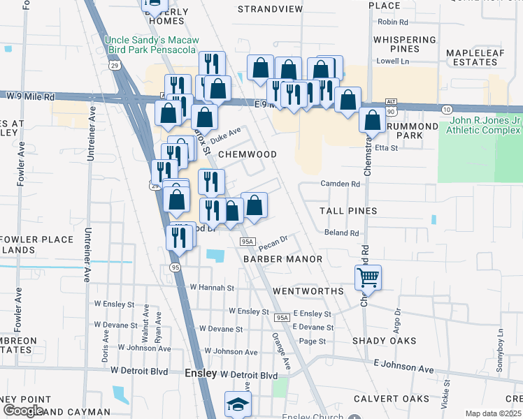 map of restaurants, bars, coffee shops, grocery stores, and more near 8902 North Palafox Street in Pensacola