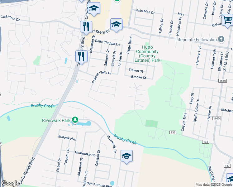 map of restaurants, bars, coffee shops, grocery stores, and more near 1015 Hondo Lane in Hutto