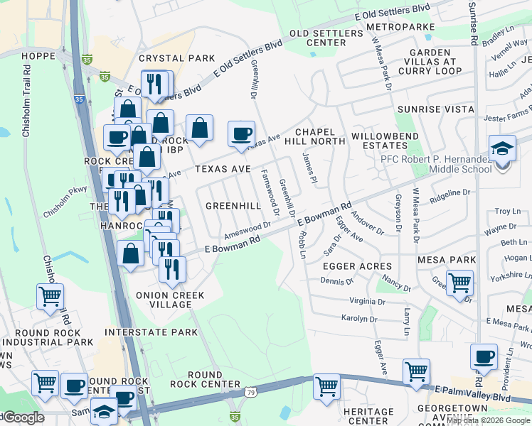 map of restaurants, bars, coffee shops, grocery stores, and more near 1902 Farnswood Drive in Round Rock