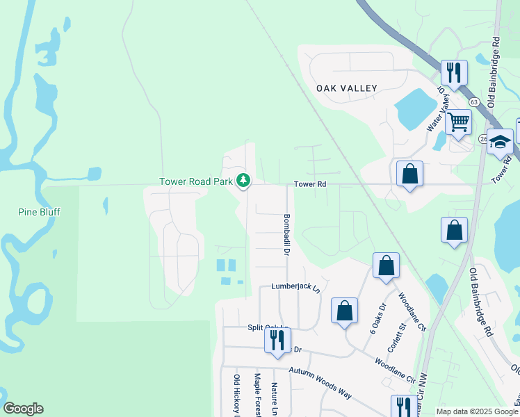 map of restaurants, bars, coffee shops, grocery stores, and more near 5820 Bombadil Court in Tallahassee