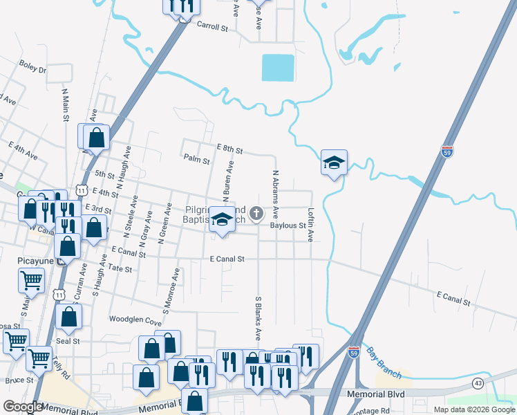 map of restaurants, bars, coffee shops, grocery stores, and more near 401 North Blanks Avenue in Picayune