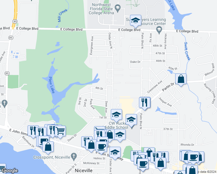 map of restaurants, bars, coffee shops, grocery stores, and more near 235 Deer Avenue in Niceville