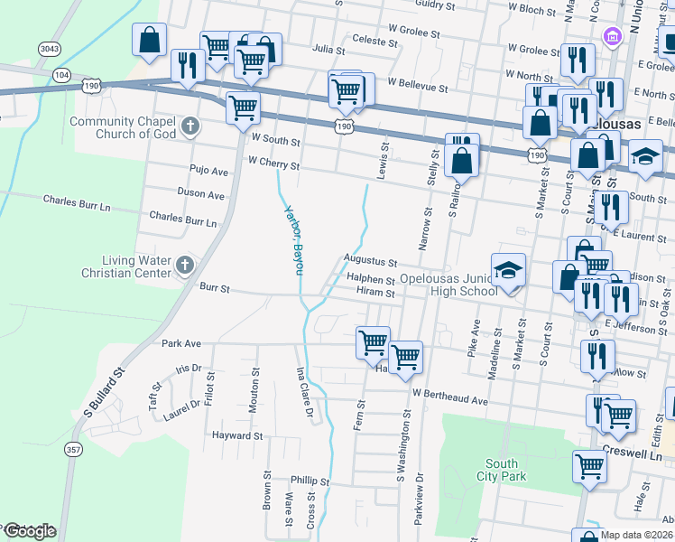 map of restaurants, bars, coffee shops, grocery stores, and more near 823 Aaron Kimble Avenue in Opelousas