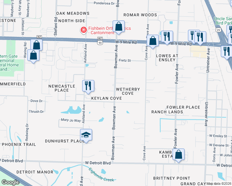 map of restaurants, bars, coffee shops, grocery stores, and more near 1298 Wetherby Road in Pensacola
