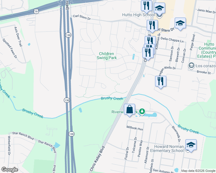 map of restaurants, bars, coffee shops, grocery stores, and more near 315 Barley Fork Lane in Hutto