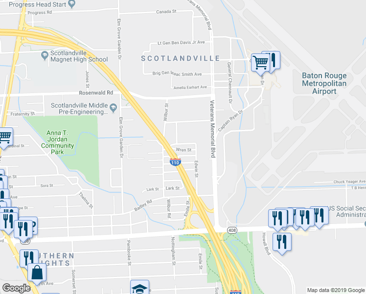 map of restaurants, bars, coffee shops, grocery stores, and more near 2853 Wren Street in Baton Rouge