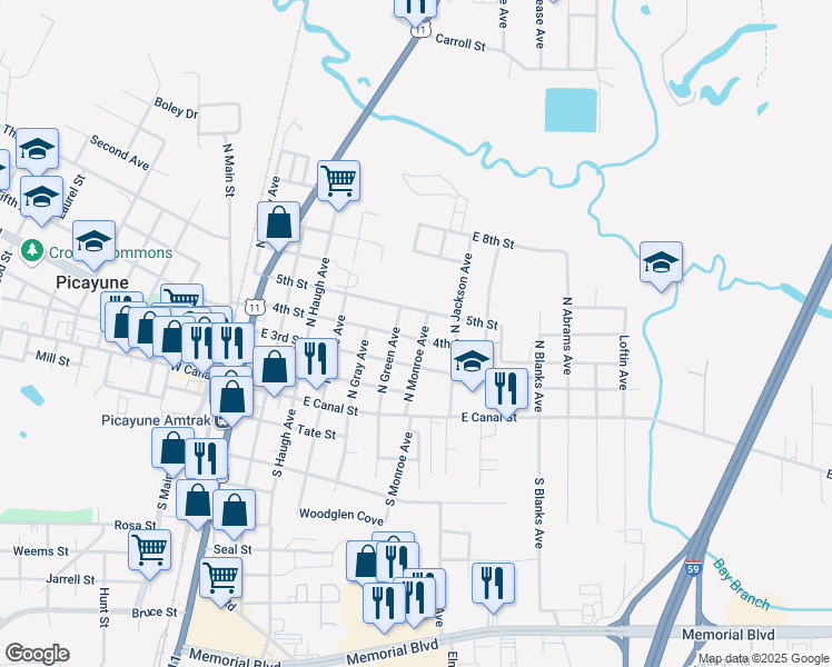 map of restaurants, bars, coffee shops, grocery stores, and more near 401 North Monroe Avenue in Picayune