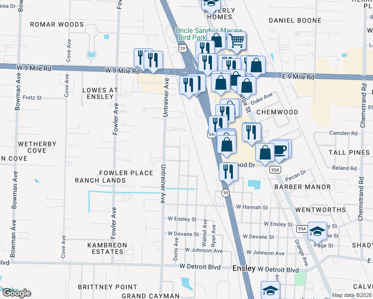 map of restaurants, bars, coffee shops, grocery stores, and more near 8907 Figland Avenue in Pensacola