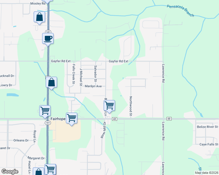 map of restaurants, bars, coffee shops, grocery stores, and more near 20780 Blueberry Lane in Fairhope