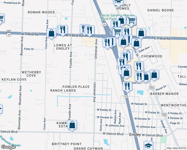 map of restaurants, bars, coffee shops, grocery stores, and more near 8965 Untreiner Avenue in Pensacola