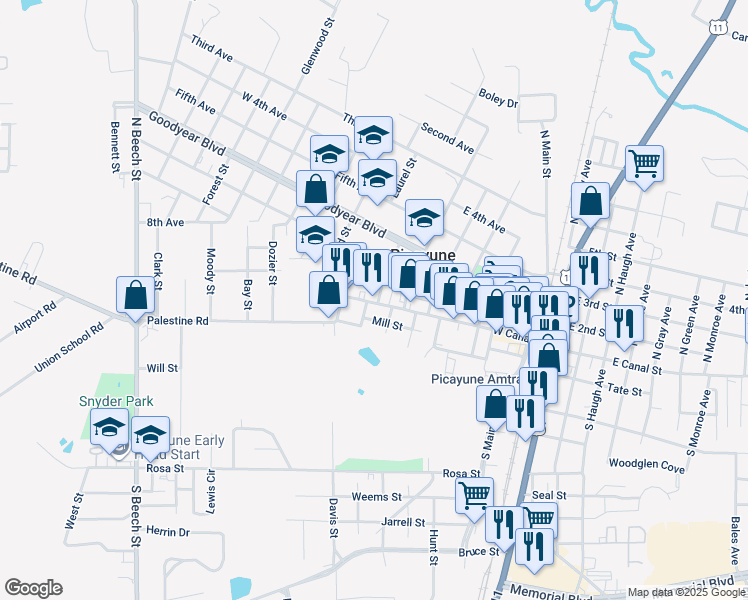 map of restaurants, bars, coffee shops, grocery stores, and more near 714 West Canal Street in Picayune