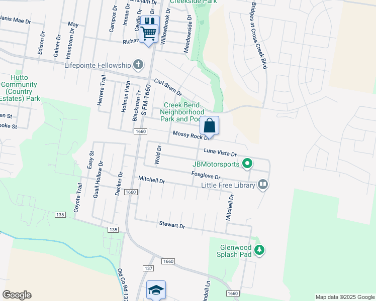map of restaurants, bars, coffee shops, grocery stores, and more near 317 Luna Vista Drive in Hutto