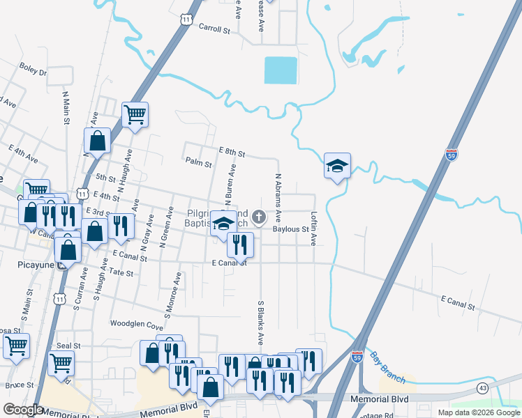 map of restaurants, bars, coffee shops, grocery stores, and more near 401-919 North Blanks Avenue in Picayune