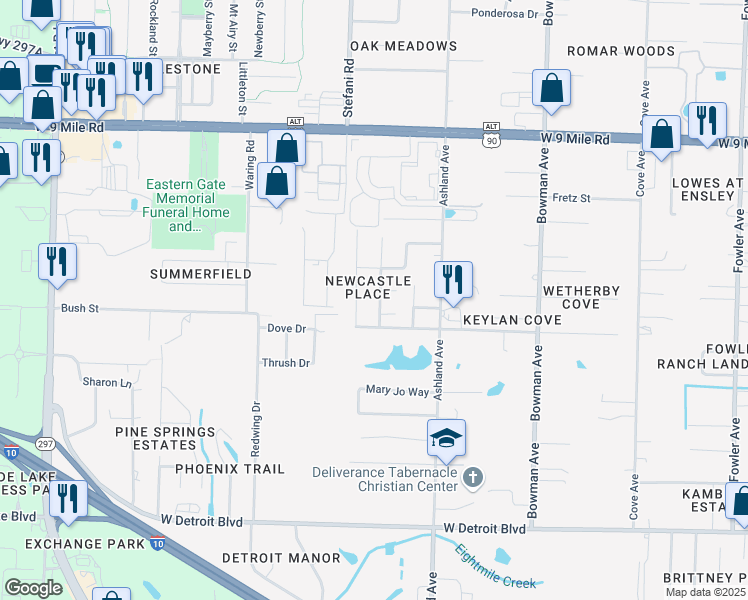 map of restaurants, bars, coffee shops, grocery stores, and more near 8937 Camelot Place in Pensacola