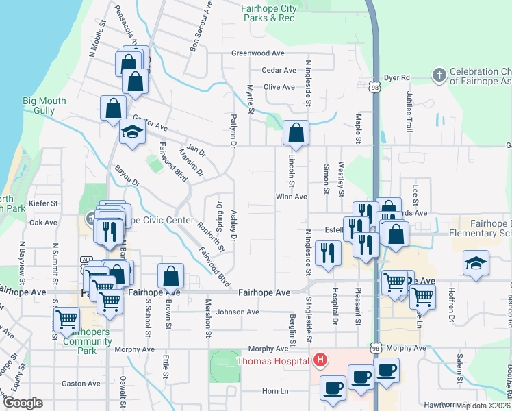 map of restaurants, bars, coffee shops, grocery stores, and more near 249 Blue Island Street in Fairhope