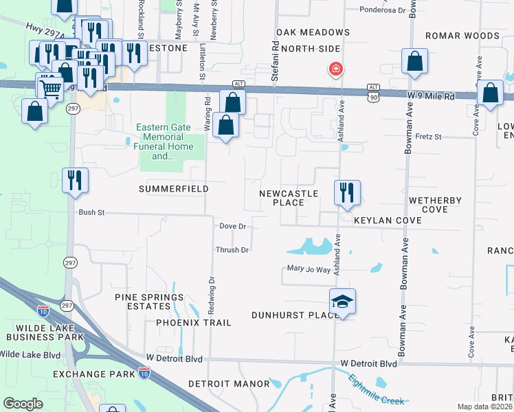 map of restaurants, bars, coffee shops, grocery stores, and more near 8873 Brigade Trail in Pensacola