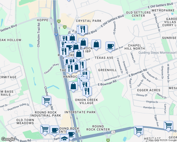 map of restaurants, bars, coffee shops, grocery stores, and more near in Round Rock