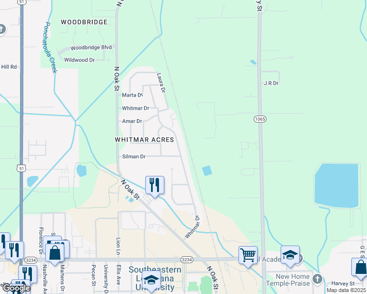 map of restaurants, bars, coffee shops, grocery stores, and more near 48 Whitmar Drive in Hammond