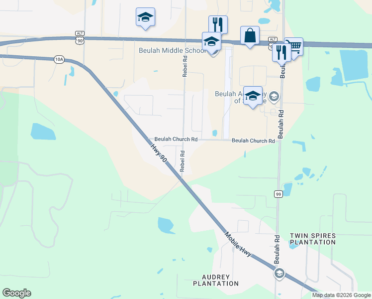 map of restaurants, bars, coffee shops, grocery stores, and more near 5985 Beulah Church Road in Pensacola