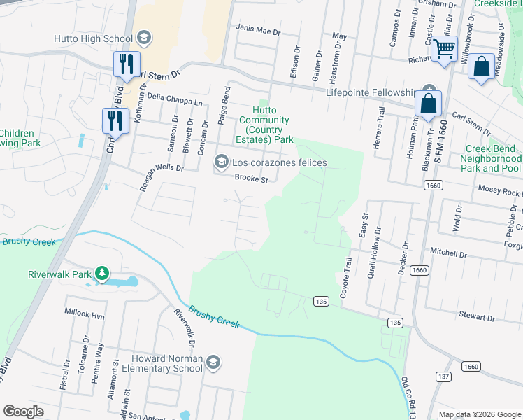 map of restaurants, bars, coffee shops, grocery stores, and more near 646 Estates of Brushy Creek Drive in Hutto