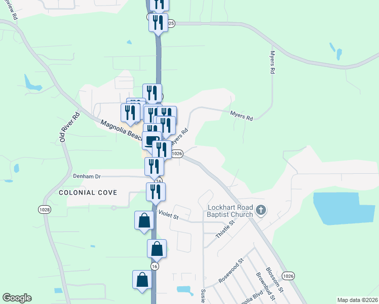 map of restaurants, bars, coffee shops, grocery stores, and more near 8064 Lockhart Road in Denham Springs