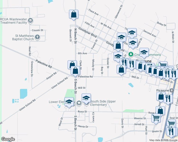 map of restaurants, bars, coffee shops, grocery stores, and more near 124 Sheila Drive in Picayune
