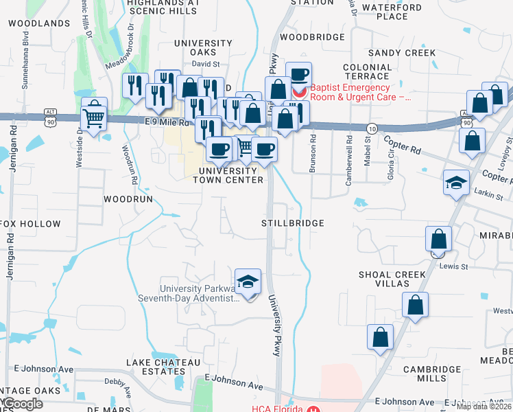 map of restaurants, bars, coffee shops, grocery stores, and more near 9015 University Parkway in Pensacola