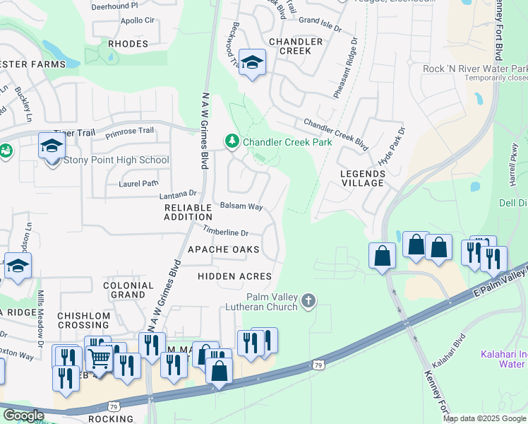 map of restaurants, bars, coffee shops, grocery stores, and more near 1820 Balsam Way in Round Rock