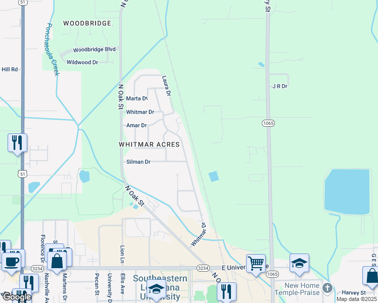 map of restaurants, bars, coffee shops, grocery stores, and more near 48 Whitmar Drive in Hammond