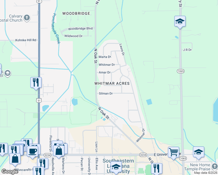 map of restaurants, bars, coffee shops, grocery stores, and more near 9 White Drive in Hammond