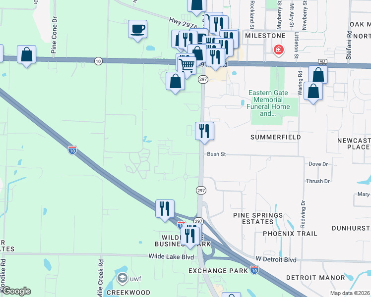 map of restaurants, bars, coffee shops, grocery stores, and more near 8900 Pine Forest Road in Pensacola