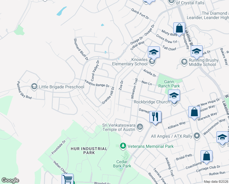 map of restaurants, bars, coffee shops, grocery stores, and more near 2228 Granite Hill Drive in Leander