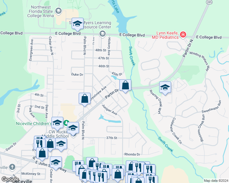 map of restaurants, bars, coffee shops, grocery stores, and more near 1502 Partin Drive North in Niceville