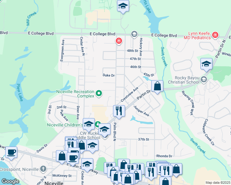 map of restaurants, bars, coffee shops, grocery stores, and more near 212 Palm Blvd N in Niceville